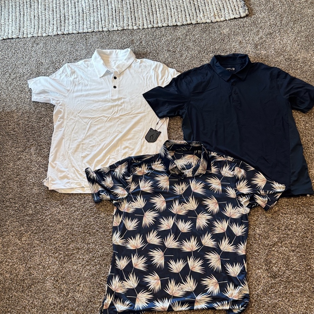 Men's Polo Shirt Trio - White, Navy & Palm Print